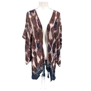 Saachi Kimono Cardigan Cover Up Long  Brown Cream Watercolor One Size